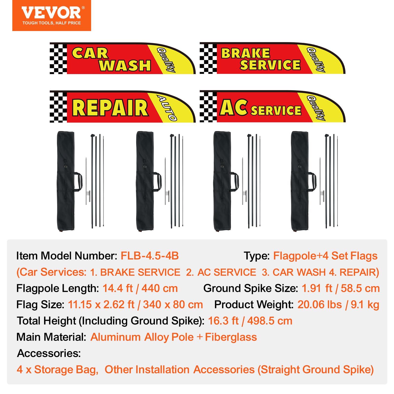 VEVOR Kit de Mástil y Bandera de Pluma de Reparación de Automóviles Kit de Banderas de Pluma, 4 Banderas(BRAKE SERVICE, AC SERVICE, CAR WASH, REPAIR), 4 Mástiles de 4,5 m, 4 Estacas para el Suelo