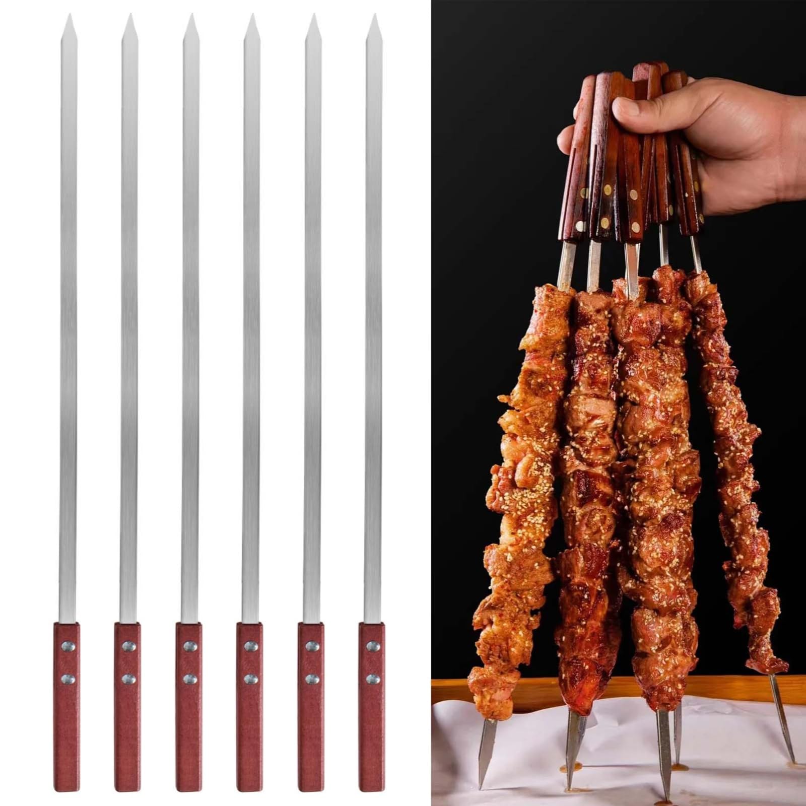 Brocheta plana reutilizable de 60 cm para evitar que los alimentos giren en la parrilla