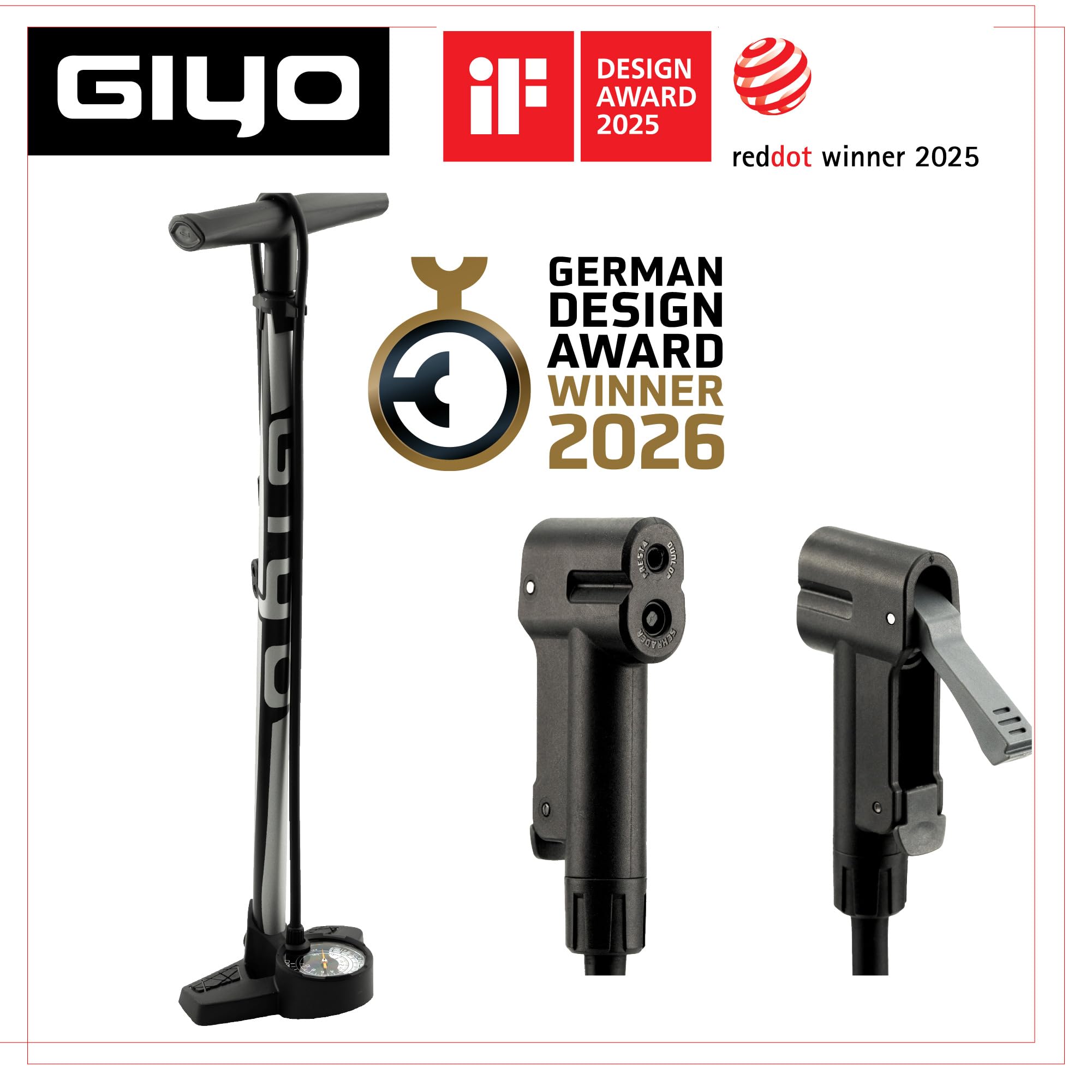 GIYO Fahrrad-Standpumpe GF27DH – Fahrradpumpe mit Präzisions-Manometer für niedrigen & hohen Reifendruck, Einhand-Ventilkopf für Presta, Autoventil/Schrader & Dunlop,Tubeless-kompatibel,11 bar/160 psi