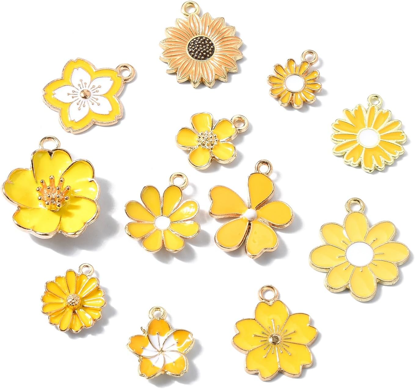 LiQunSweet 60 pcs 12 Styles Yellow Flower Theme Enamel Charms Sunflower Daisy Cherry Blossom Five-petal Floral Charms for DIY Jewelry Necklace Bracelet Earring Crafts