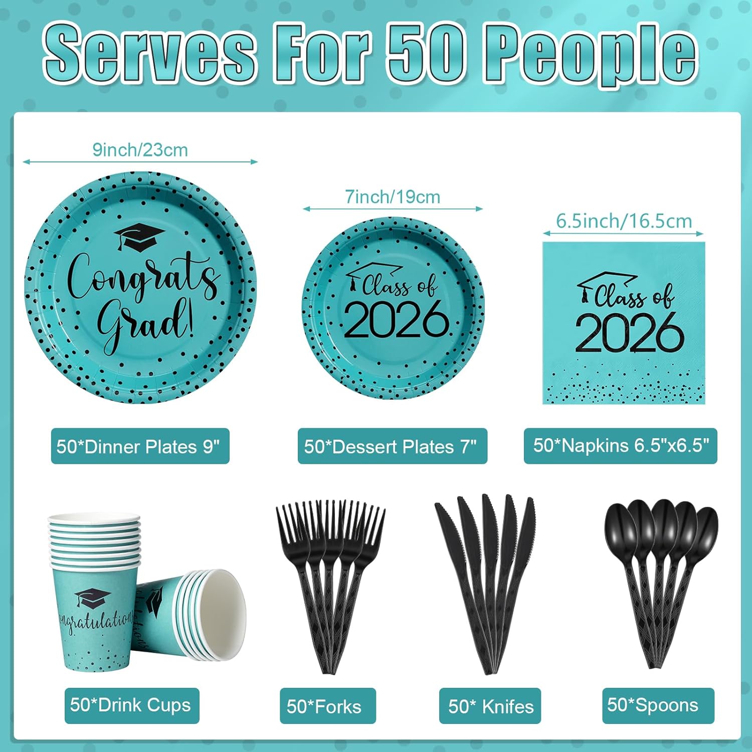 350pcs Class of 2026 Graduation Plates and Napkins Set, Disposable Paper Plate Set Polka Dots Plates Napkins Cups Knife Fork Spoon for Graduation Party Decorations and Supplies,Serve 50（Teal Black）