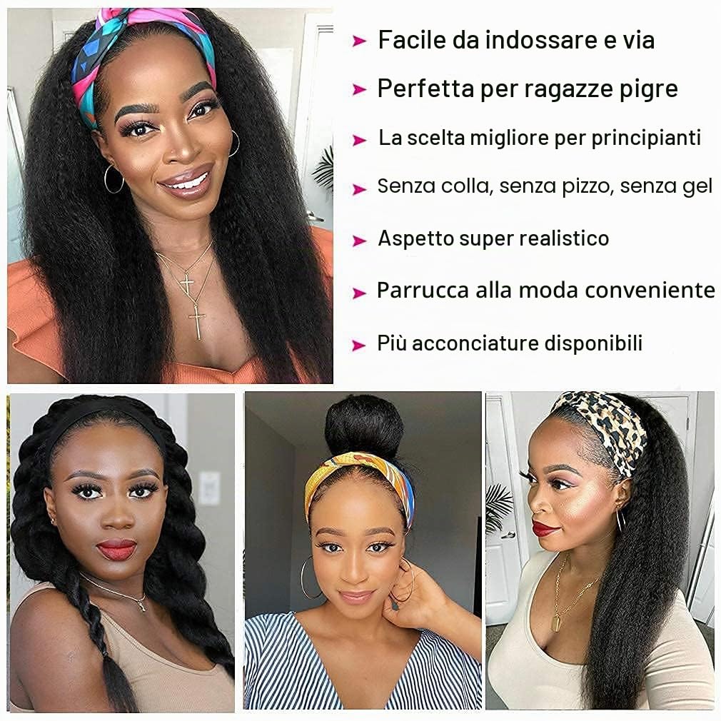 Parrucca Fascia Capelli Donna Brasiliana Yaki No Lace Frontale Headband Wigs Parrucche Dei Capelli Umani Per Le Donne Donne Nere Colore Naturale 180% Densità 12 Pollici Kinky dritto Half Black Wig