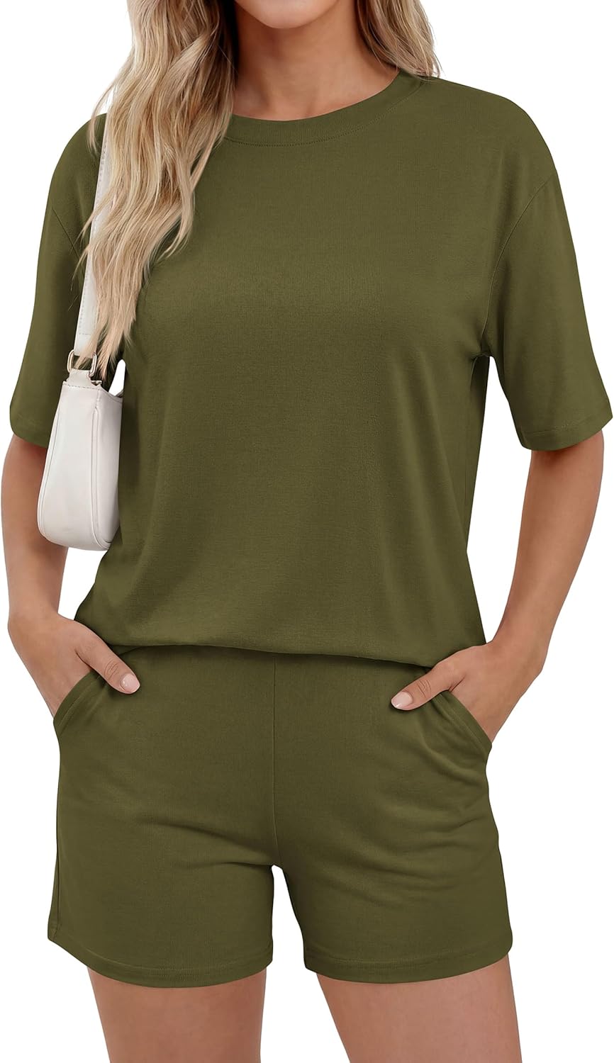 PRETTYGARDEN 2026 Women's Summer 2 Piece Sets Casual Lounge Set Short Sleeve Tops Shirts Shorts Travel Beach Vacation Outfits