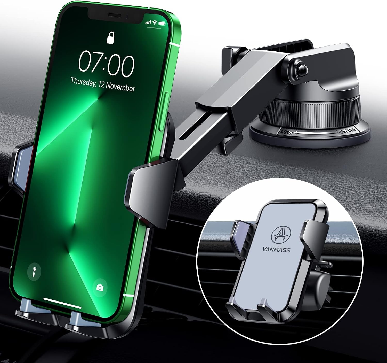 VANMASS [2023 Upgraded] Car Dashboard Phone Holder Mount [Super Suction Cup] Compatible for iPhone 13 Pro Max 12 11 X Xr 8 7 Plus Mini Se Universal Cell Phone Windshield Vent Handsfree Cradle，Gray