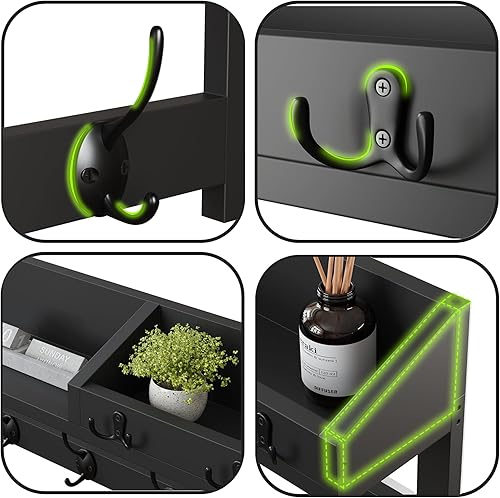 Miniatura 7 de AMBIRD Ganchos de pared con estante  26.57 pulgadas para colgar en la pared de entrada, ganchos de madera para abrigos y llavero (negro)