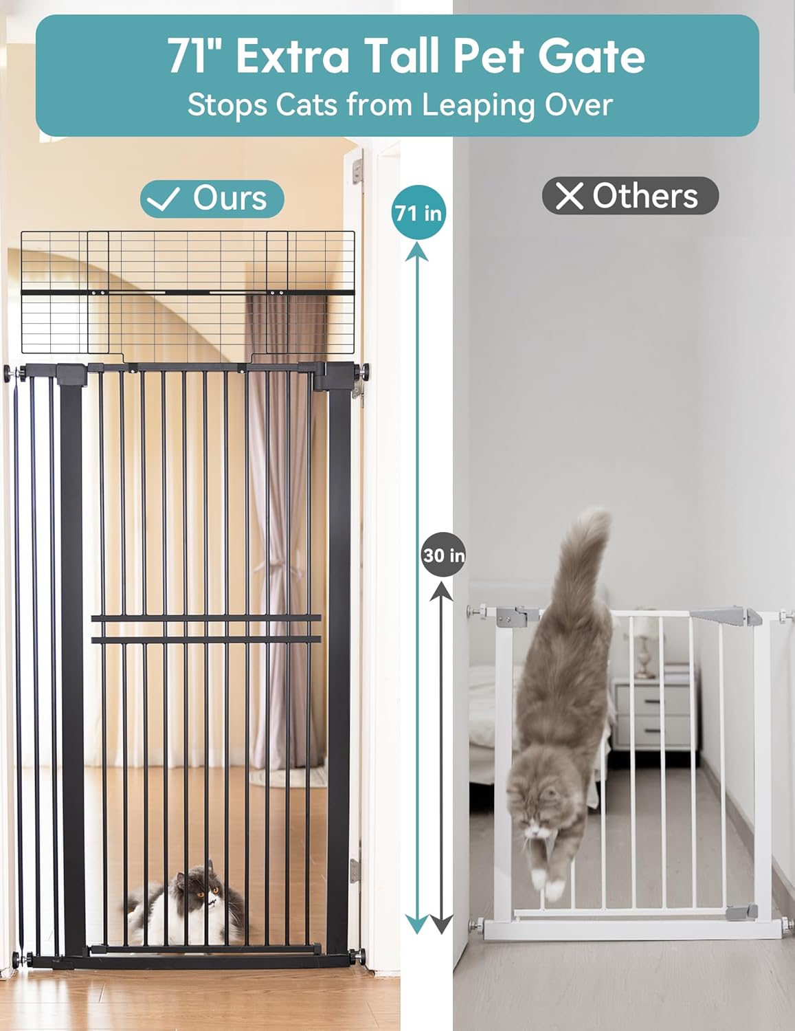 No Pawblems 71" Extra Tall Pet Gate for Cat, 29-40" Auto Close Cat Gate for Doorways/Stairs/Hallways, NO Drilling Pressure Mounted Tall Dog Gate Indoor, 1.37" Pet-Safe Gap, Black
