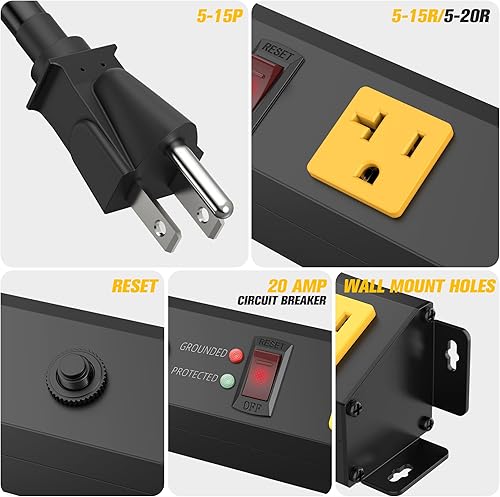 Miniatura 6 de HHSOET Regleta de alimentación larga de 16 tomas, regleta de alimentación resistente de 4 pies con protección contra sobretensiones de 4800J,