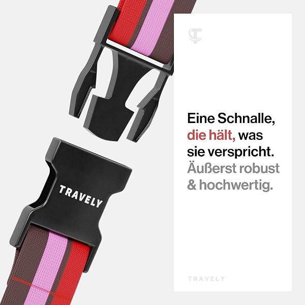 Travely® Premium Koffergurt - Besonders Auffällig & Sicher - Inkl. 2 Namensschildern - Gepäckband ideal über Kreuz - [2er Set] - Rot-Pink-Braun - 3