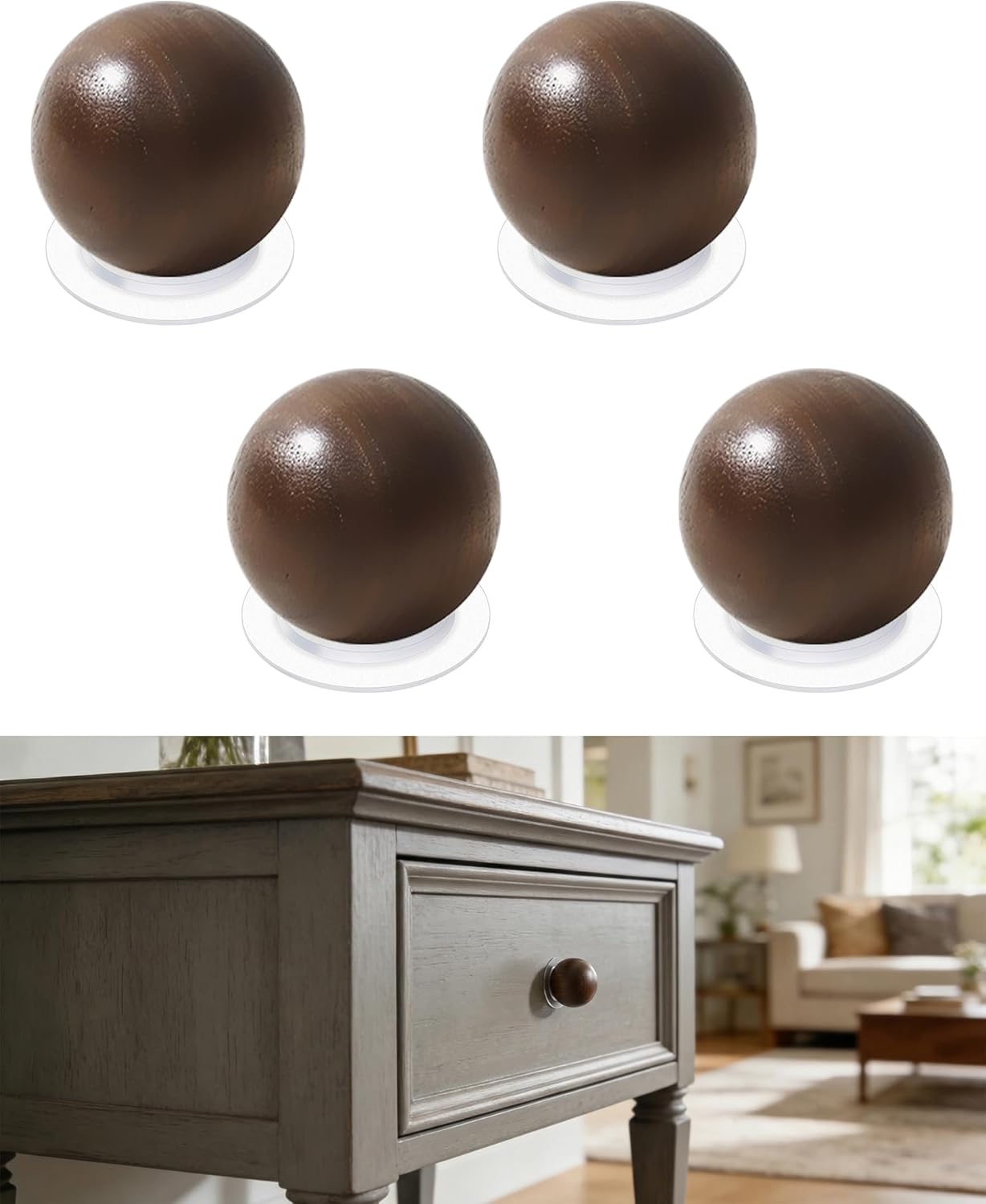 4 Pack Self Adhesive Knobs Wooden Stick On Drawer Pulls Walnut Wood Cabinet Knobs Peel and Stick Handles Drill Free Round Ball Wooden Door Pull for Cupboard Closet Nursery Dressers