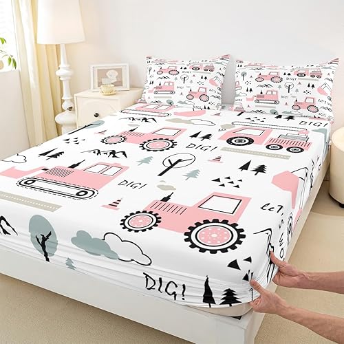 Miniatura 4 de Feelyou Sábana bajera ajustable de construcción para niños, equipamiento para niños, camiones, juego de ropa de cama para excavadora, tractor, juego
