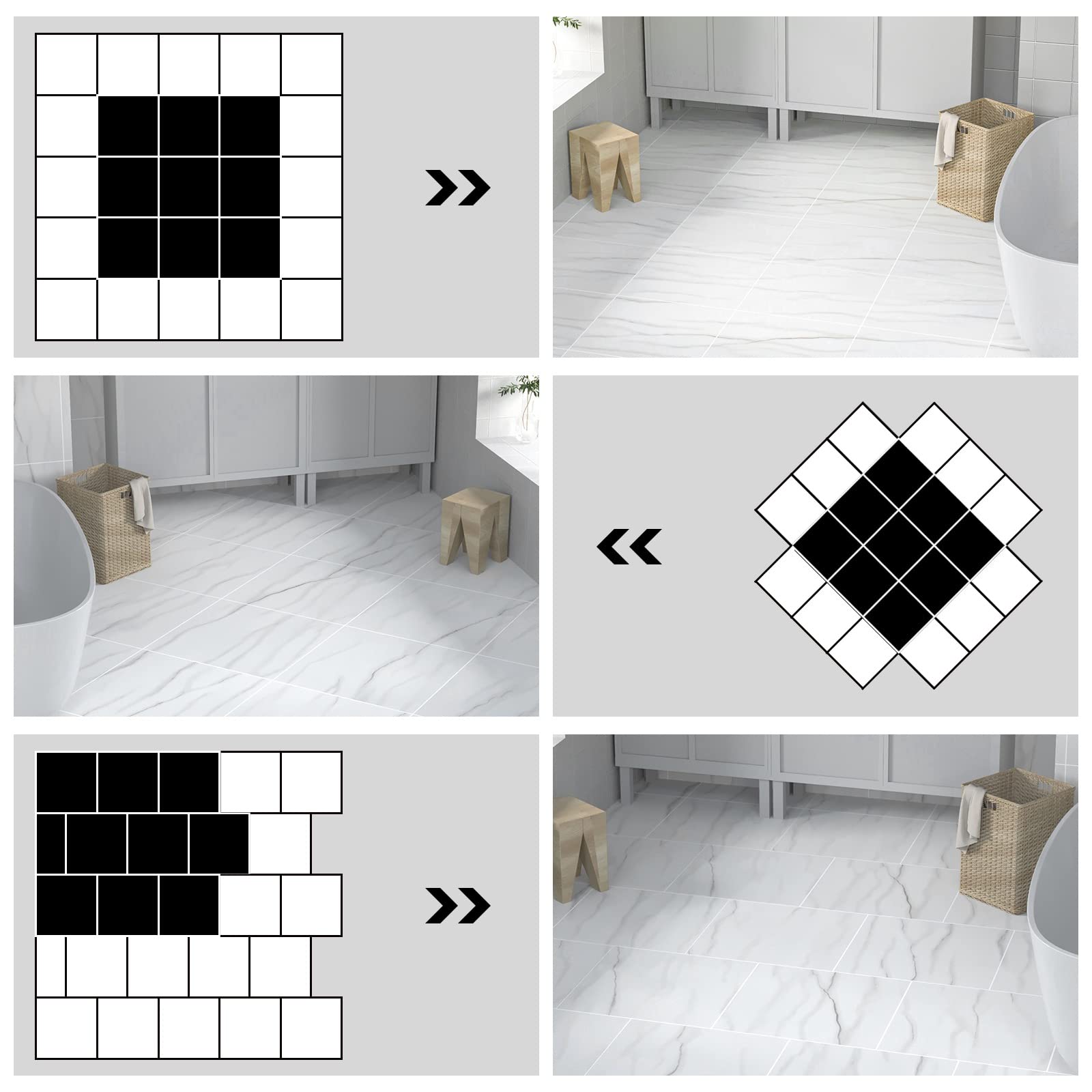 Homease Suelo de PVC autoadhesivo con efecto mármol, suelo de vinilo, antideslizante, impermeable, cortable, aspecto de azulejos, para cocina, salón, balcón, color blanco mate, 50 azulejos, 4,5 m²
