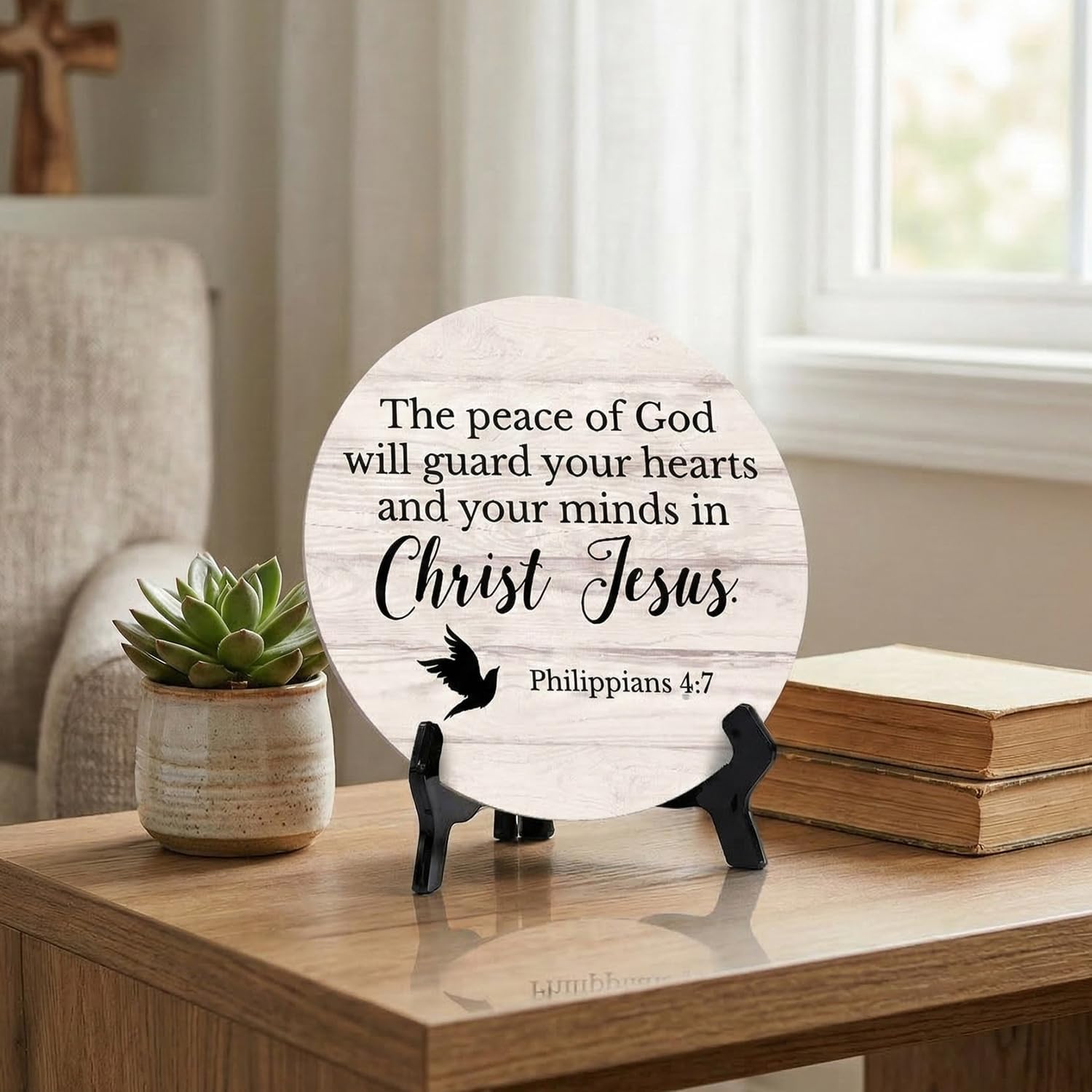 The Peace Of God Will Guard Your Hearts And Your Minds In Christ Jesus. Philippians 4:7 Wood Color Circle Table Sign with Acrylic Stand (5x5") | Home & Office Décor - 1 Pack image 5