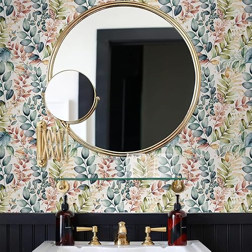 Miniatura 4 de Papel tapiz botánico de hojas coloridas, color verde, verde azulado, hierba, marrón, fácil de despegar, papel adhesivo adhesivo para baño,