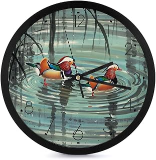 10 Inch Silent Non-Ticking Wall Clock - Chinese Style Mandarin Ducks Modern Round Clock for Living Room, Kitchen, Bedroom, Office, Decorative Clocks with Easy Read Numbers
