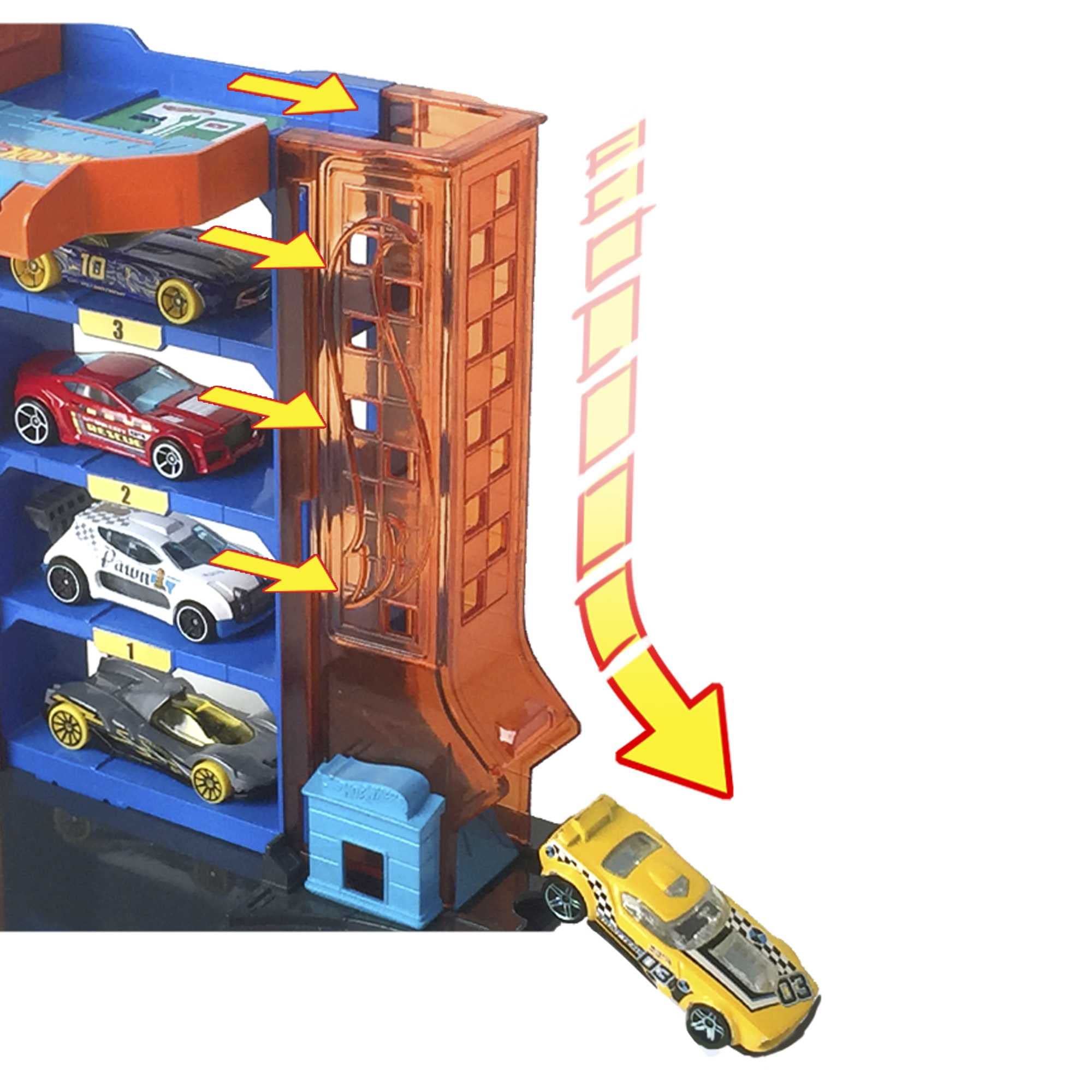 Hot Wheels - Coffret Garage City Downtown - avec 1 Voiture Espace pour 4 Véhicules - Compatible Circuits et Kits City - Cadeau dès 4 Ans, HDR28