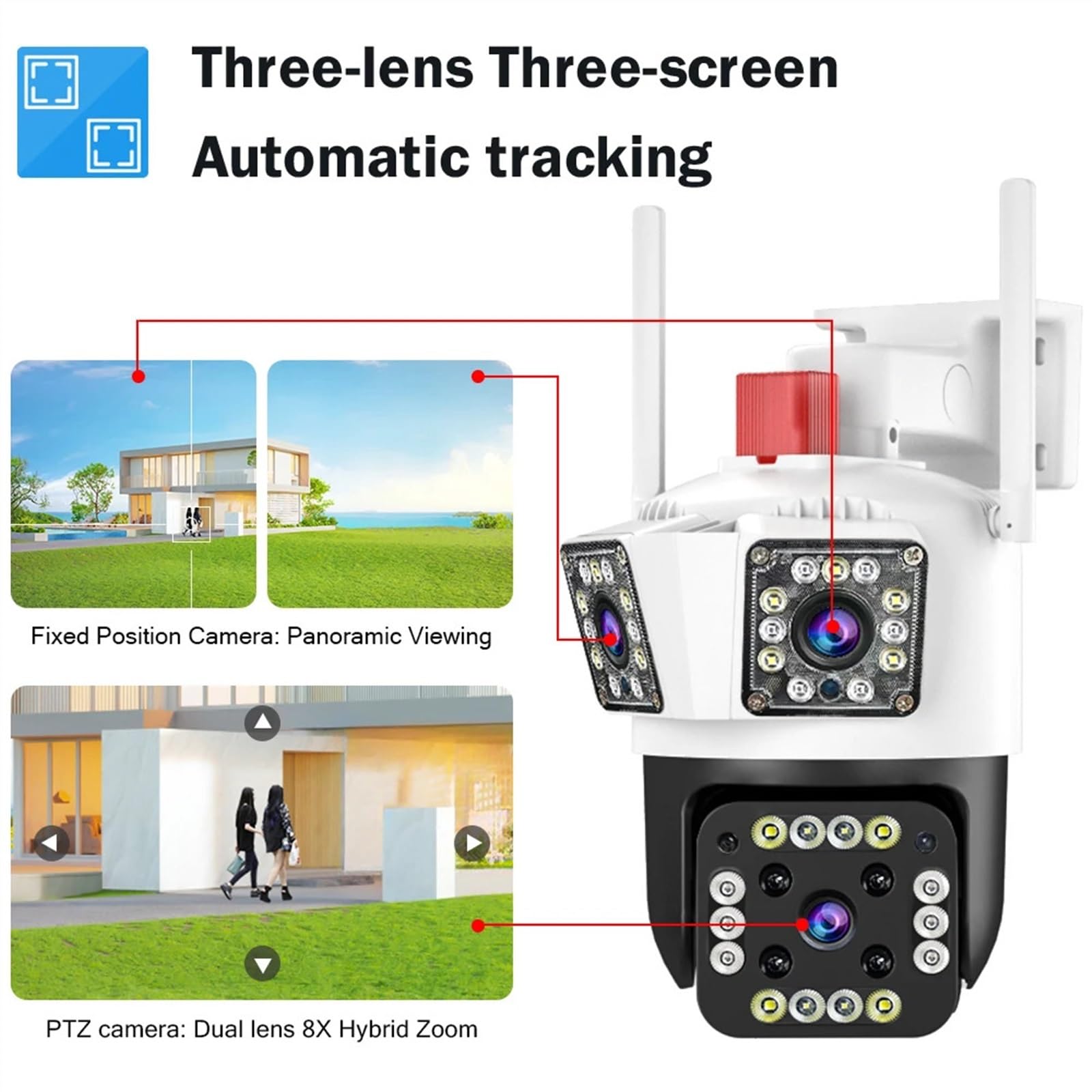 Kamery Monitoringu, 6K IP zewnętrzna kamera 12MP śledzenie ruchu kamera wideo PTZ 4K trzy obiektywy trzy ekrany wodoodporny system bezpieczeństwa(6K 12MP NO Card)