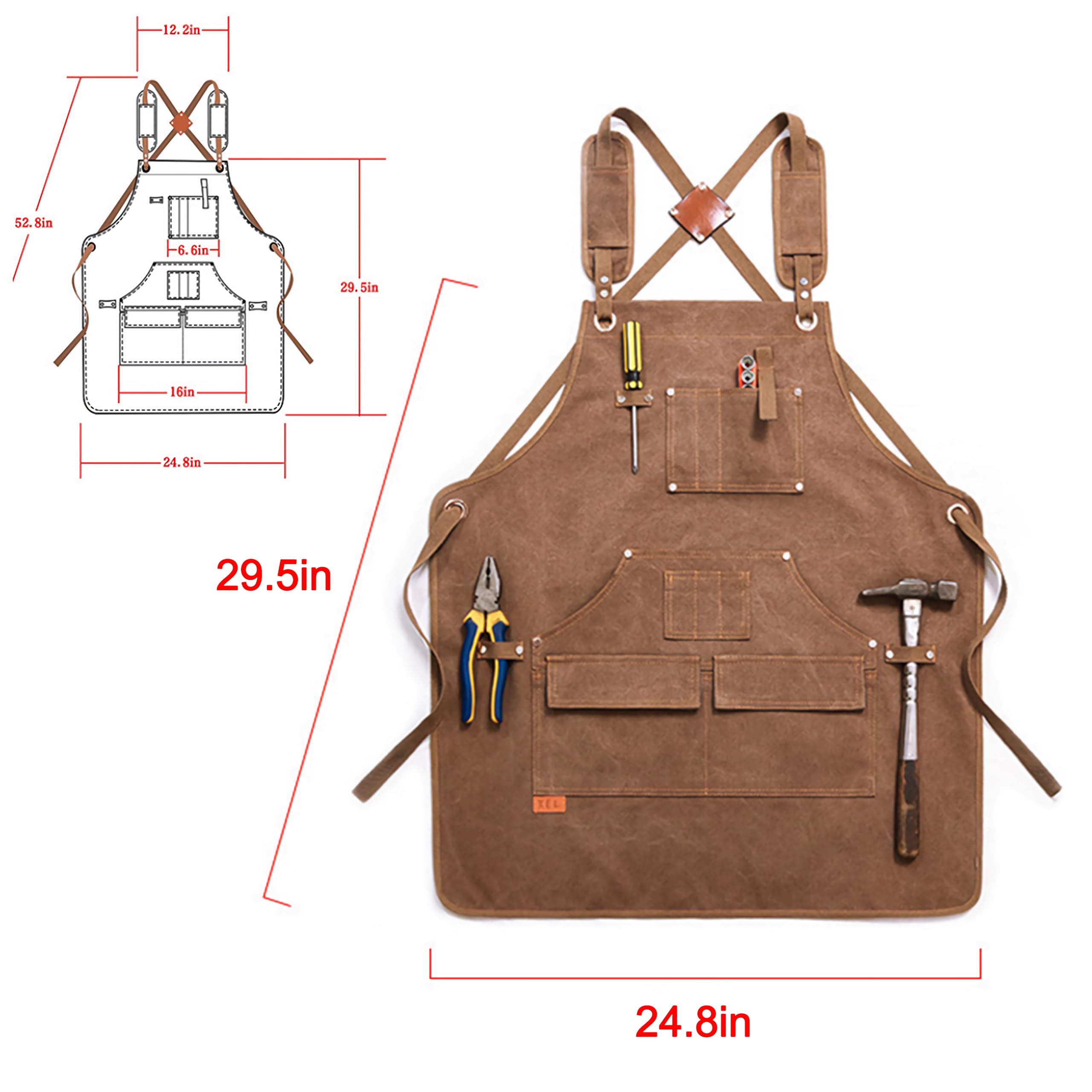 Delantal de Carpintero Con Bolsillos y Tirantes Ajustables - Herramientas de Trabajo Para Hombre - 9 Bolsillos de Lona Encerada Duradera