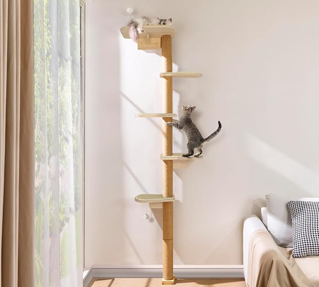 Wild Arbre de chat de simulation pour les chatons, 5-Level Plancher au plafond étagères murales de chat avec plate-forme de tapis sisal, tour d'escalade rotative mur-montée pour rayure, Lookout & Perche