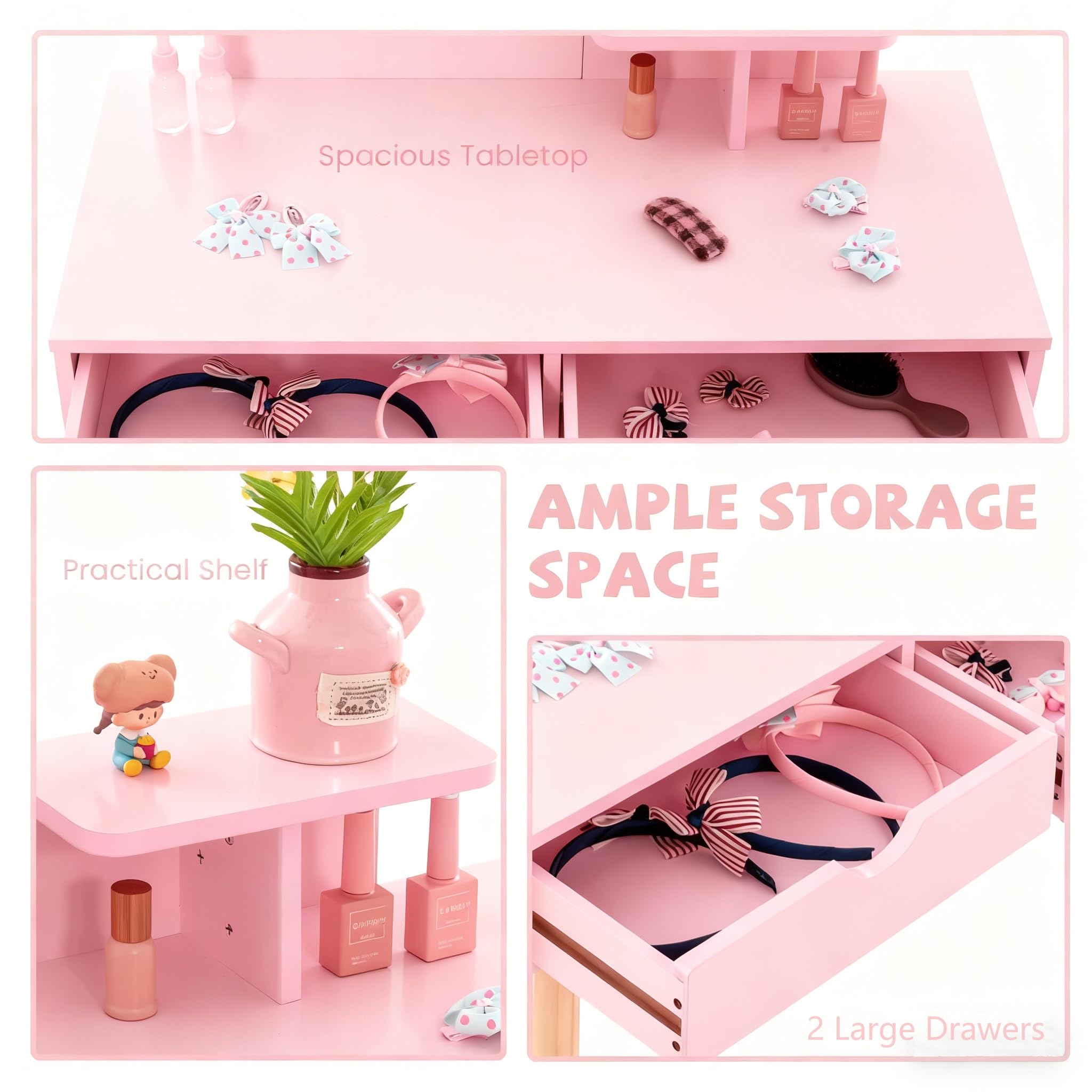 LIFEZEAL Coiffeuse Enfant 2 en 1 avec Miroir Amovible et Tabouret, Table de Maquillage Bois avec 2 Tiroirs et Étagère, Chambre d’Enfant, Fille 3-7 Ans, Charge 40kg/20kg (Rose)