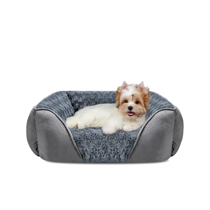 Cama retangular lavável para cães pequenos INVENHO com pelúcia e base antiderrapante, Cinza, S – 50,8 x 48,26 x 15,24 cm