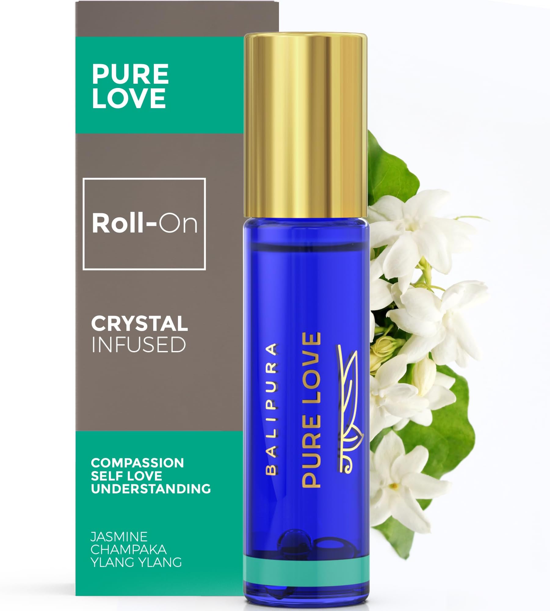 Pure Love Crystal Aura Roll On - Jasmine Essential Oil with Love Rose Quartz Crystals - Essentail Oils for Body - Calming Essential Oils Roll On- Valentines Day Gift for Women - 0.34 floz