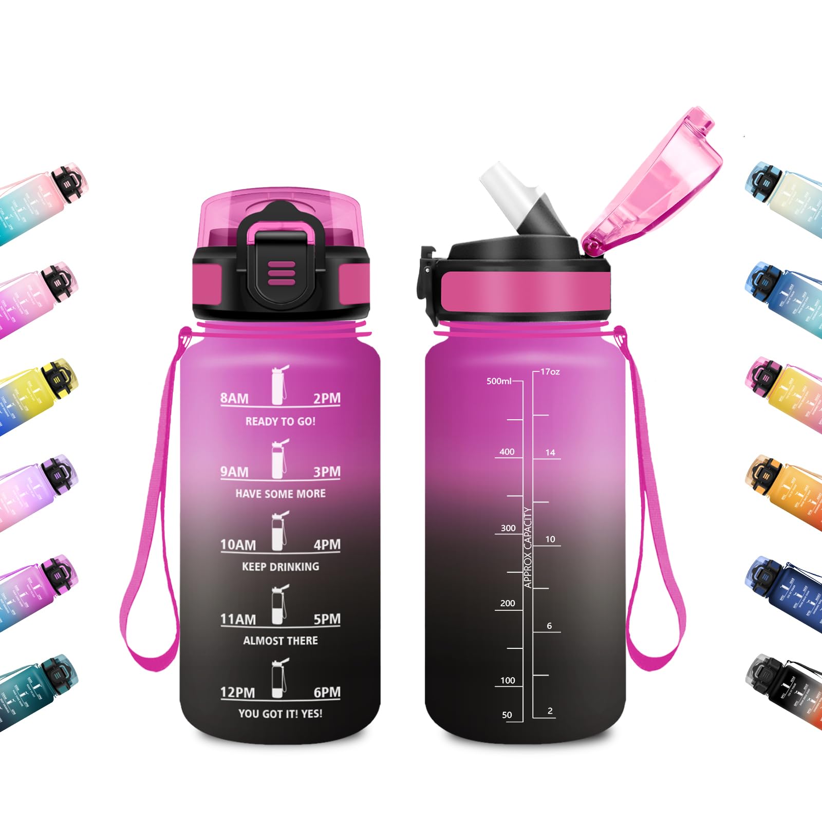 JAPORIA 500ml Water Bottle Hydration Water Bottle with Straw, Time Indicator, Leakproof, Reusable for Cycling, Hiking, Work