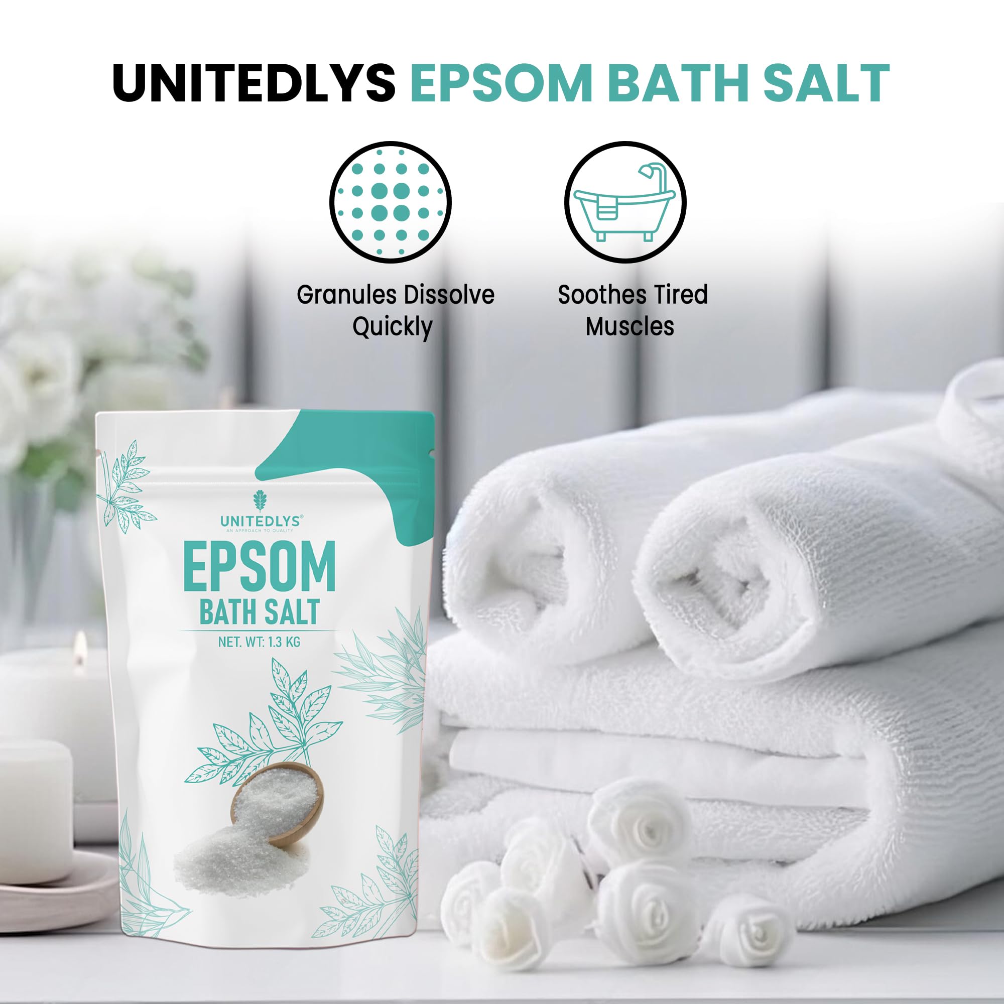 Unitedlys Epsom Bath Salt for Pain Relief Crystal 1.3Kg | 100% Pure Epsom Salt for Bath, Detox & Relaxation | Reduces Soreness Swelling & Stress | Epsom Salt for Foot Soaks & Full-Body Baths (1.3 KG) - Image 4 thumbnail