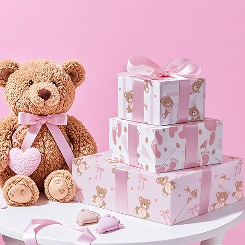 Miniatura 4 de WRAPAHOLIC Papel de regalo de oso para baby shower, mini rollo, 3 rollos, 17 x 120 pulgadas, oso de peluche coqueta con lazo de cinta rosa para baby