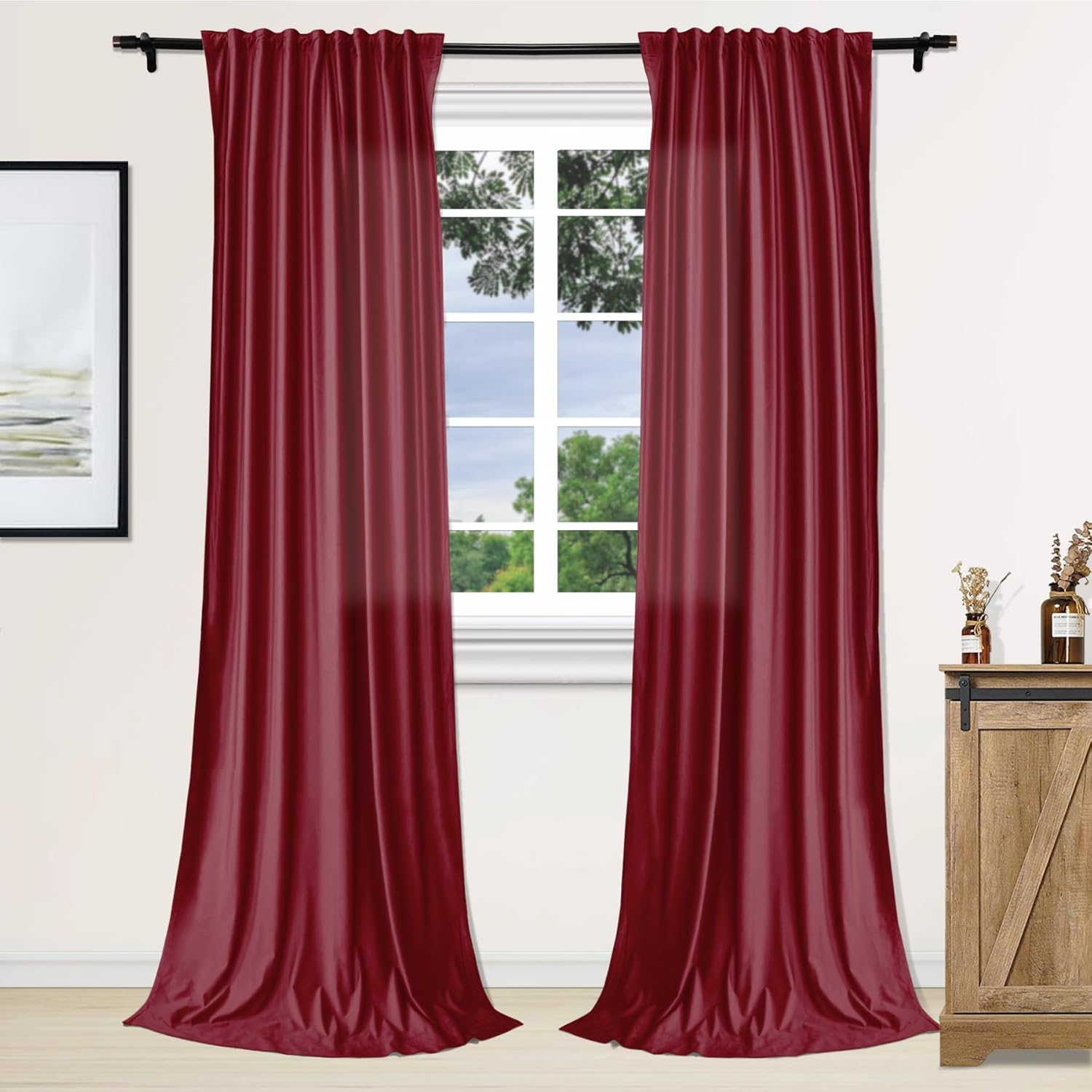Fcosie 90 Inches Long Velvet Curtains 2-in-1 Heading Rod Pocket Back Tab Draperies Room Darkening Drapes Drapery Panels for Sliding Door Patio Door Indoor Outdoor, 52" W by 90" L, Red (1 Panel)