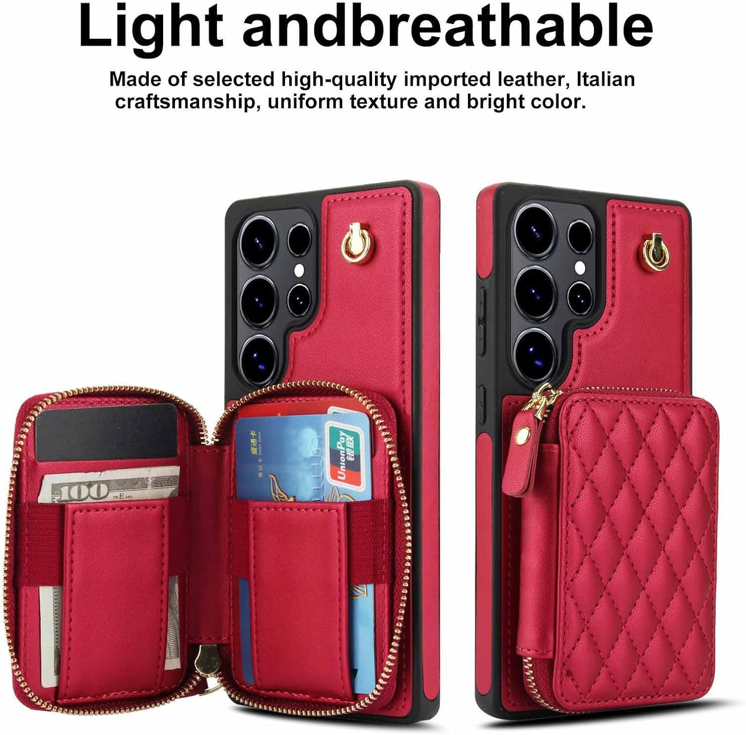 Phone Case for Samsung Galaxy S23 Ultra 5G Wallet Cell Cover with Tempered Glass Screen Protector Wrist Crossbody Strap RFID Blocking Card Holder TPU S23Ultra 23S S 23 23Ultra 6.8 inch Women Girls Red