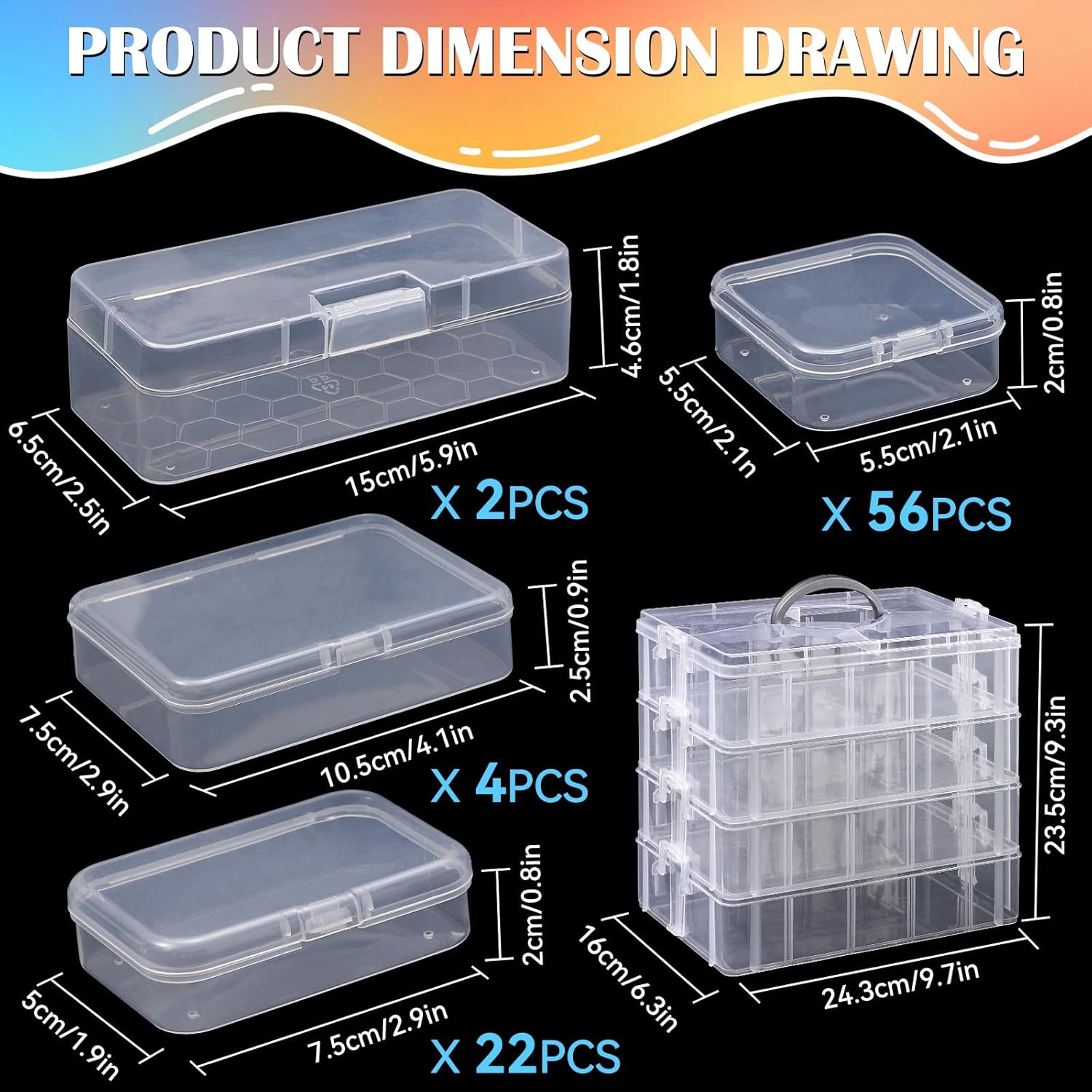 VTG Bead Organizer Box, 84 Pcs Small Plastic Containers with Lids, 4-Tier Stackable Storage Box, Clear Organizers for Jewelry Toys Craft Storage