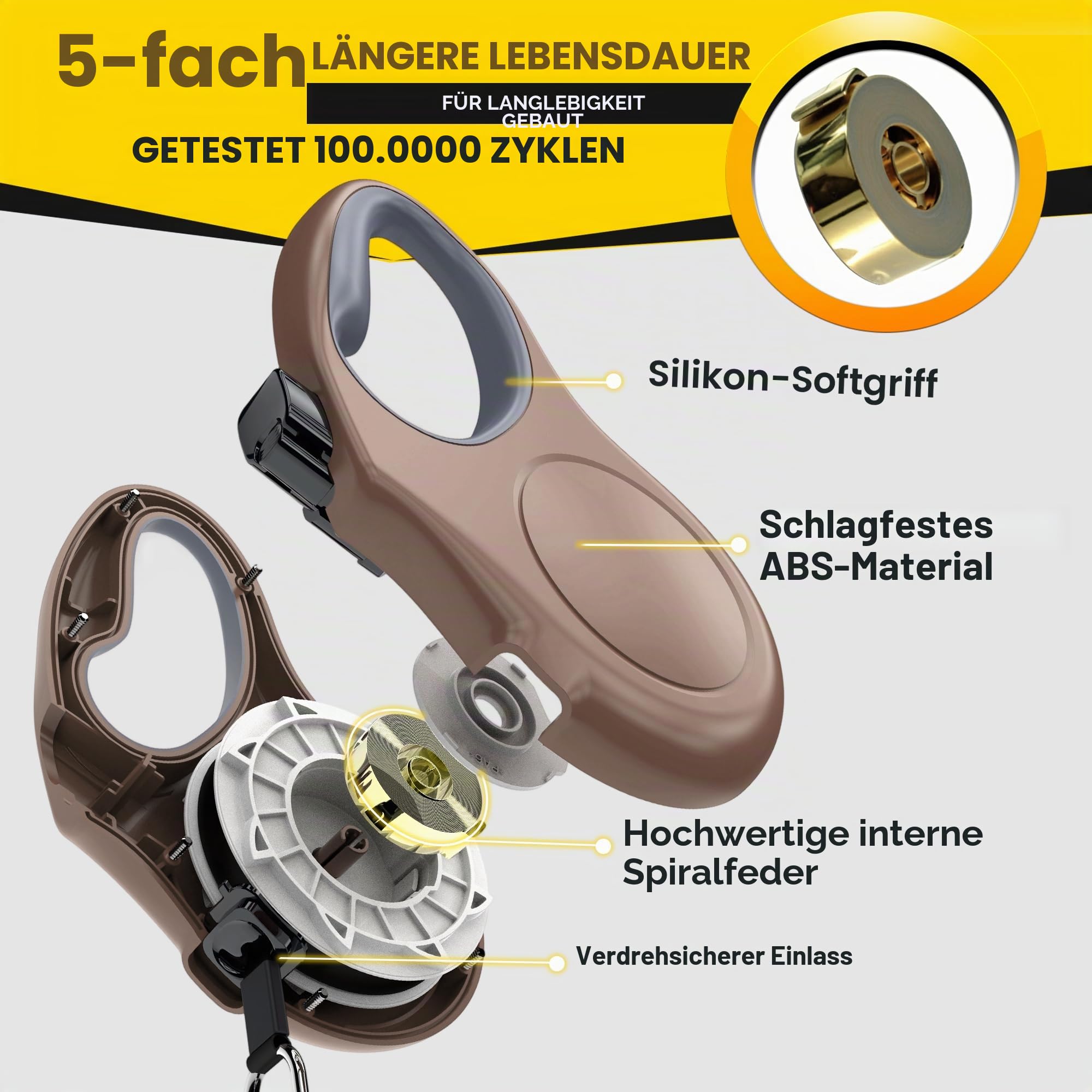 Fida Ausziehbare Hundeleine, 4,9 m, für kleine und mittelgroße Hunde bis zu 20 kg, 360° verhedderungsfrei, Kaffee/Braun