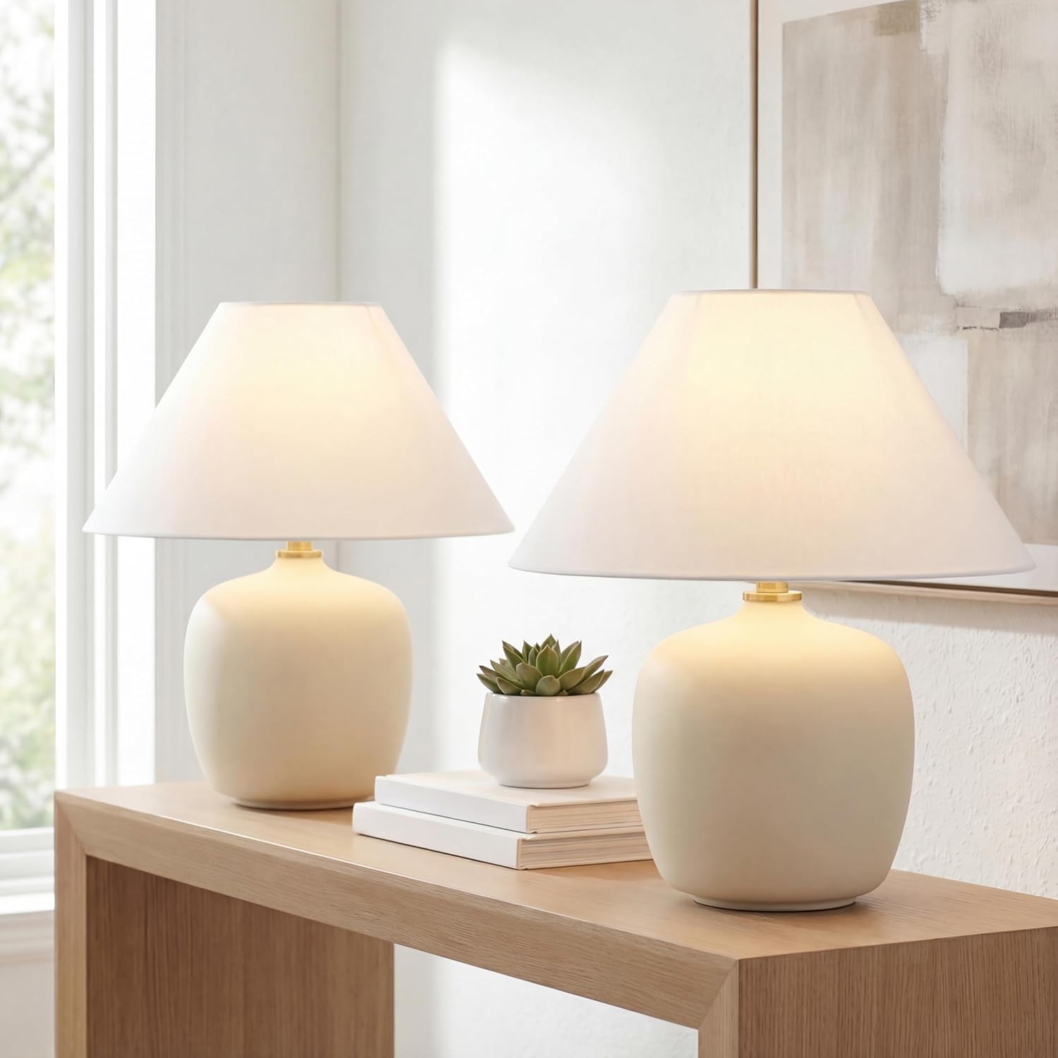 JONATHAN Y 18.25" Matte Cream Minimalist Table Lamps Set of 2 for Bedroom, White Linen Shade, Modern Scandinavian Bedside Lamps for Living Room Nightstand, LED Bulbs Included (JYL5600B-SET2)