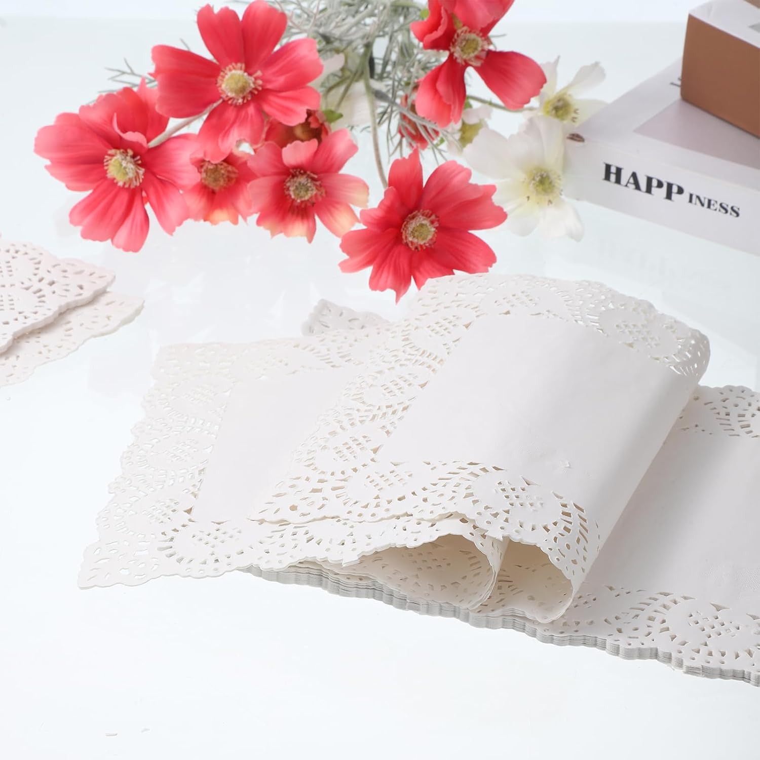 100 Pcs Rectangle Paper Doilies 8 inch x 12 inch Lace Paper Placemats White Lace Disposable Papers Doilie Greaseproof Doilies for Food Tables Cakes Desserts Crafts