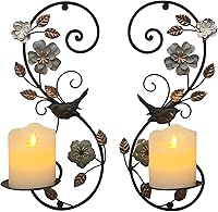 Birminwind Farmhouse Wall Candle Sconces Set of 2 - Vintage Distressed Metal Pillar Holders with Hand-Painted Flowers & Leaves for Bedroom, Hallway, Living Room