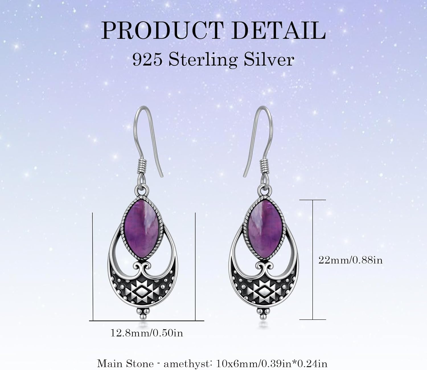 Natural Amethyst Vintage Openwork Dangle Earrings, 925 Sterling Silver Marquise Gemstone Earrings, Boho Chic Jewelry Gift for Women - Image 7