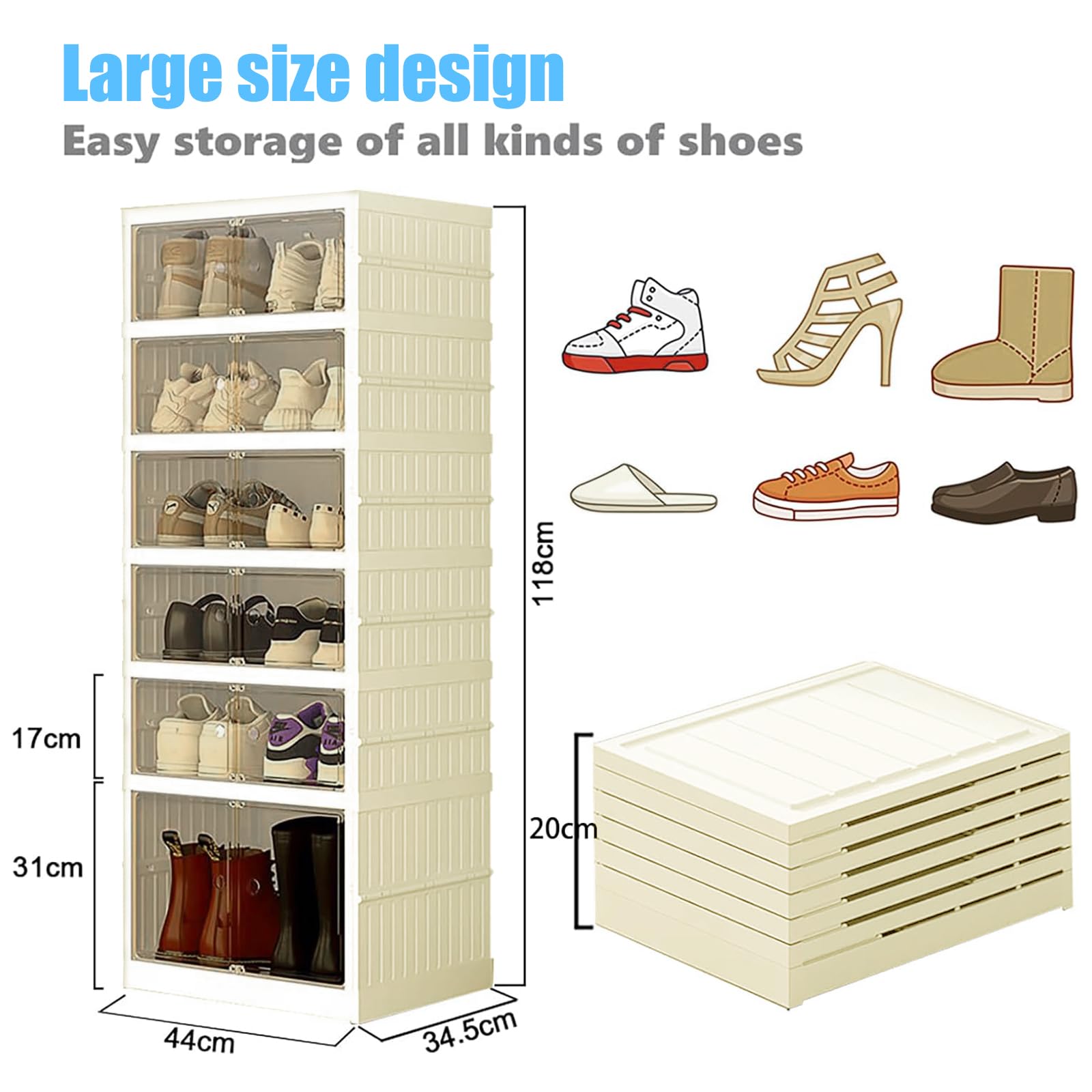 Rangement Chaussures Pliable Dur Plastique 6 étage Pointure Jusqu’à 46 Casier Chaussures Meuble Armoire pour 12pcs Chaussures Boite pour Entree Salon Chambre avec aspiration magnétique Porte