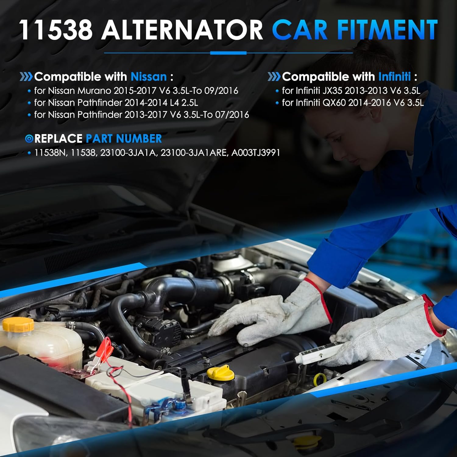 11538 Car Alternators Fit for Nissan Murano 2015-2017, for Pathfinder 2013-2017, for Infiniti QX60 2014-2016, JX35 2013 2.5L 3.5L Automotive Replacement Alternators 23100-3JA1A, A003TJ3991
