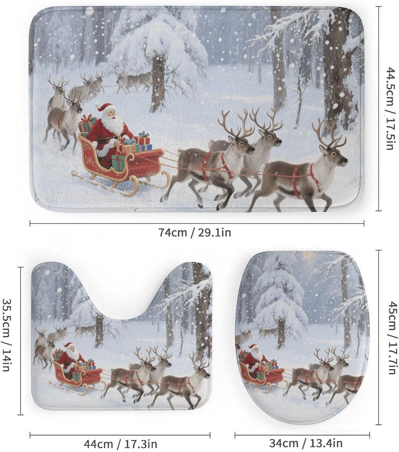 Christmas Snowflakes Background Shower Curtain Set 4 Piece, Non-Slip Bath Mat with Toilet Lid Cover and Waterproof Shower Curtain with 12 Hooks, Complete Bathroom Set for Home Decor