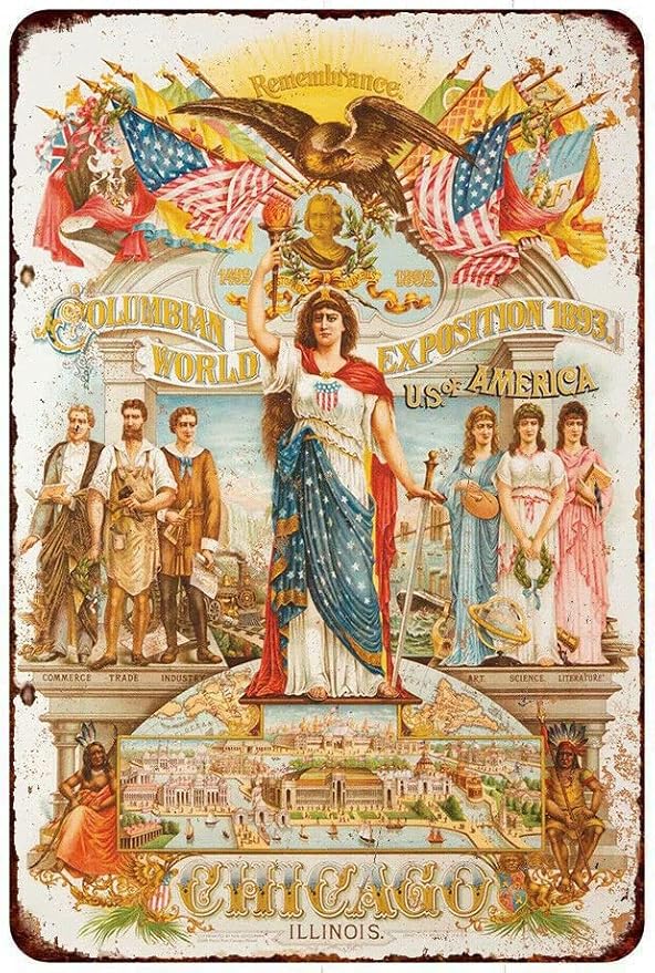 KILSPU 1893 World's N Exposition Chicago Reproduction Metal Sign 8x6in Cute Tin Sign Home Cafe Bedroom Wall Decoration Easter Mother's Day Best Gifts for Friends Family Neighbors