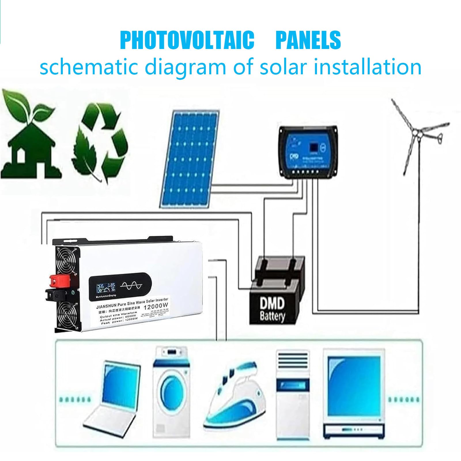 Inverter Solare Ibrido da 5000 W, Convertitore da CC 12/24/48 V a Ca 110 V/220 V con Uscita a Onda Sinusoidale Pura, Inverter in Parallelo, per Accumulo di Energia Domestico 48V