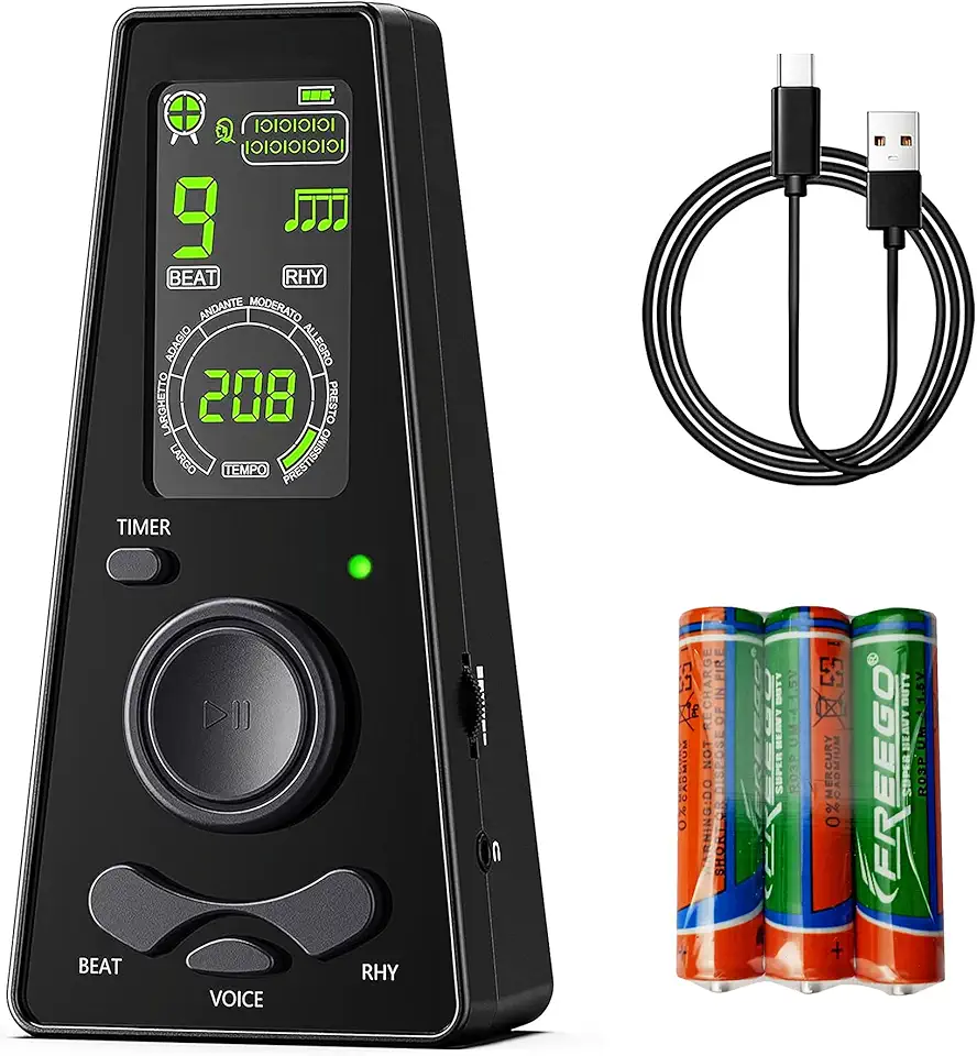 Metrônomo digital com temporizador vocal para fone de ouvido para piano, guitarra, tambor e violino (preto)