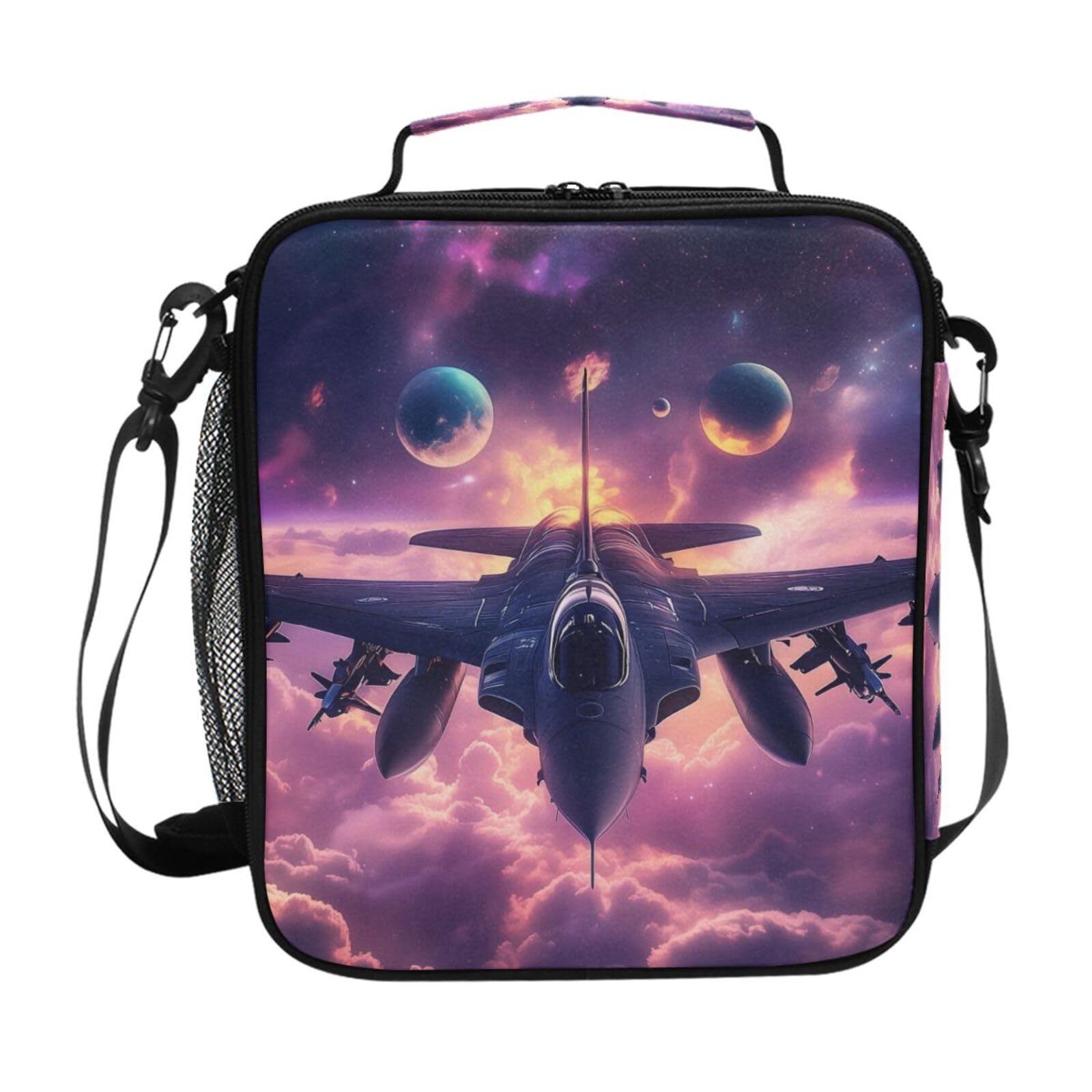 Purple Fighter Jet Sky Cloud Lunch Box for Girls Boys Insulated Lunch Bag with Adjustable Shoulder Strap Kids