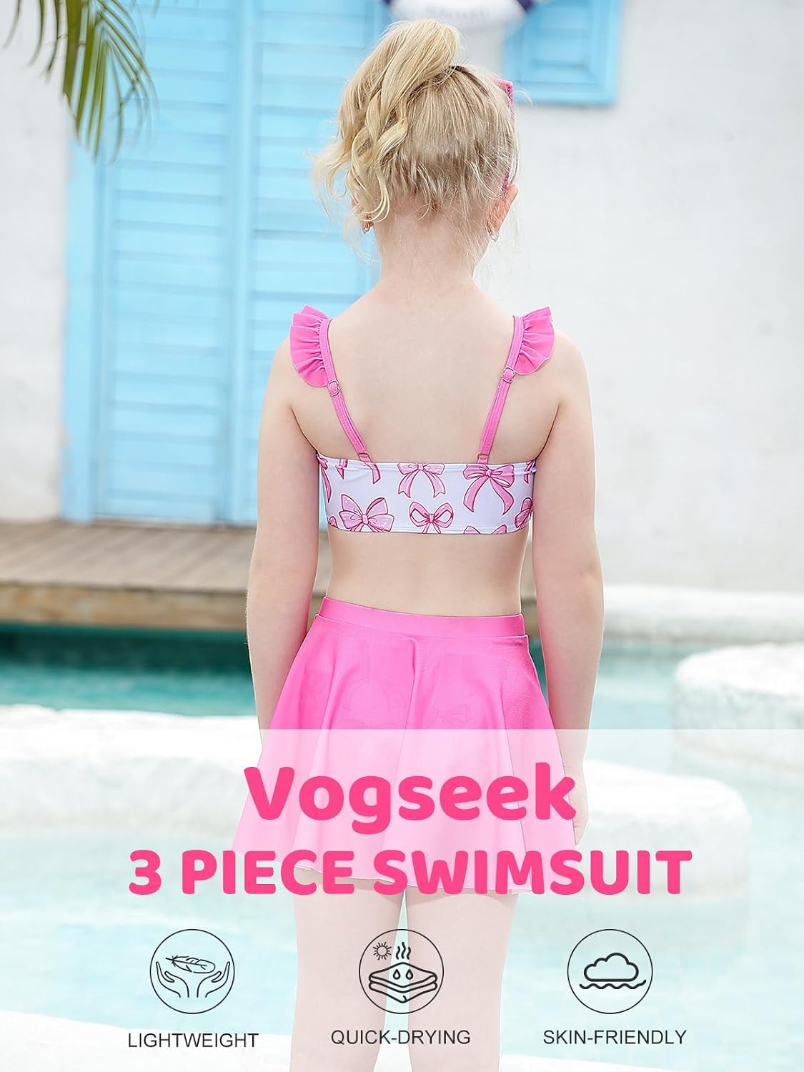 Vogseek Girls Swimsuit 3-8T Quick Dry Bathing Suit 3 Piece Bikini Sets with Cover Up Skirt Swimwear with Adjustable Strap