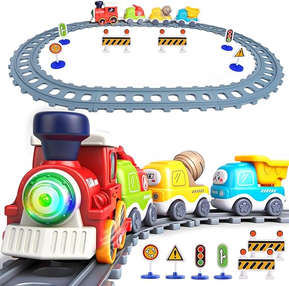 Electric Train Set for Toddlers,Train Toys with Lights,Realistic Music Sound, Steam Spray,Traffic Sign, Magnetic Train Connection Car Toys with Tracks,Christmas Birthday Gifts for Kids Boys Girls
