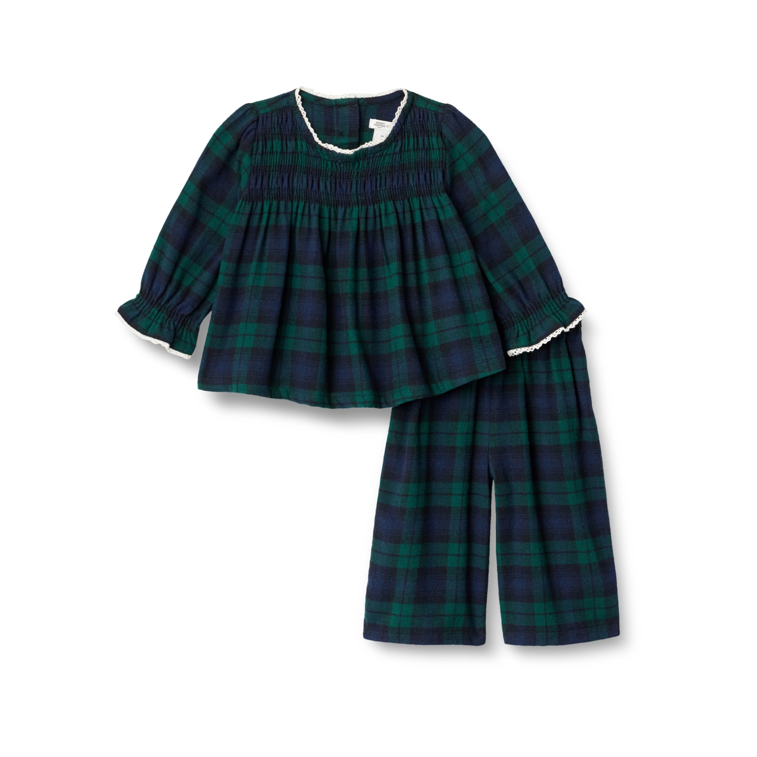 Amazon Essentials x Sofia Grainge Baby Girls' Long Sleeve Flannel Set, Dark Emerald Green Deep Blue Plaid, 12 Months