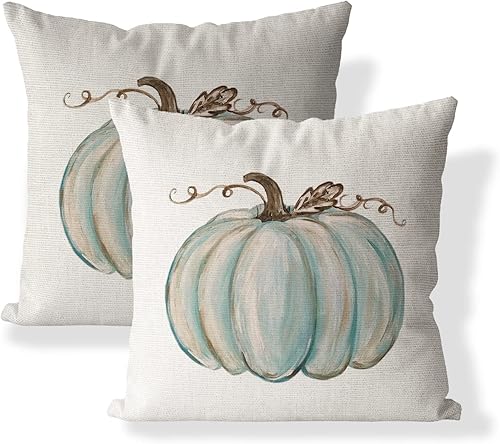 Juego de 2 fundas de almohada decorativas de otoño de 20 x 20 pulgadas, fundas de cojín de calabaza azul claro, lino sintético, granja, Acción de
