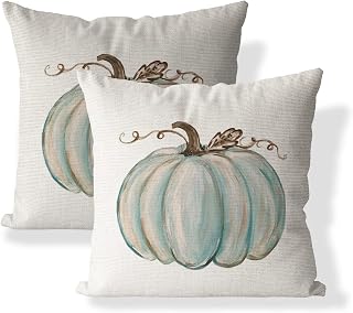 Set of 2 Fall Pillow Covers Autumn Decorative Throw Pillow Cases 18x18 Inch Light Blue Pumpkin Cushion Covers Faux Linen,Farmhouse,Thanksgiving,Home Décor