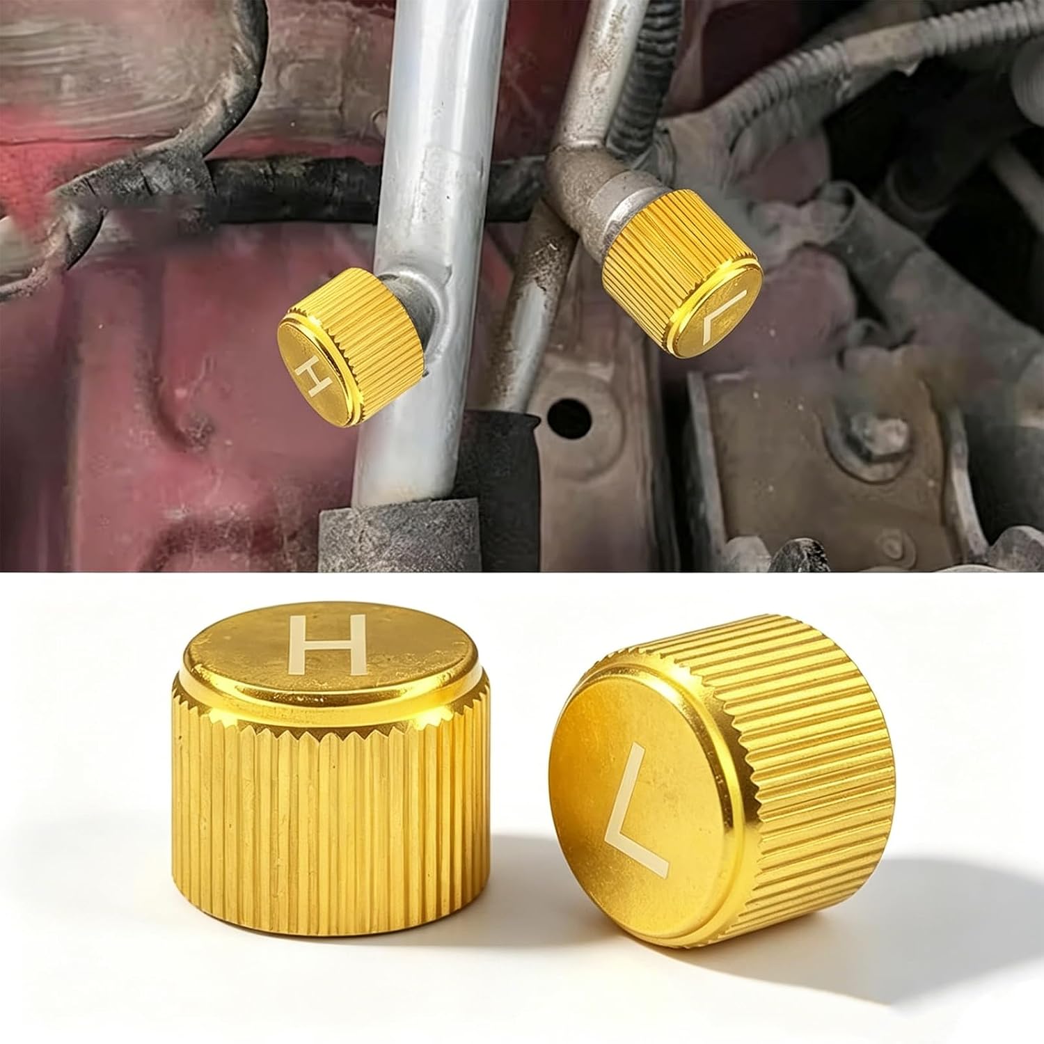 2PCS Brass R134a AC Valve Caps, High Low Pressure Port Service Covers with L H Mark, Leakproof Sealing Lid for Toyota Honda Nissan Hyundai-Kia Subaru & Some American Cars/Trucks