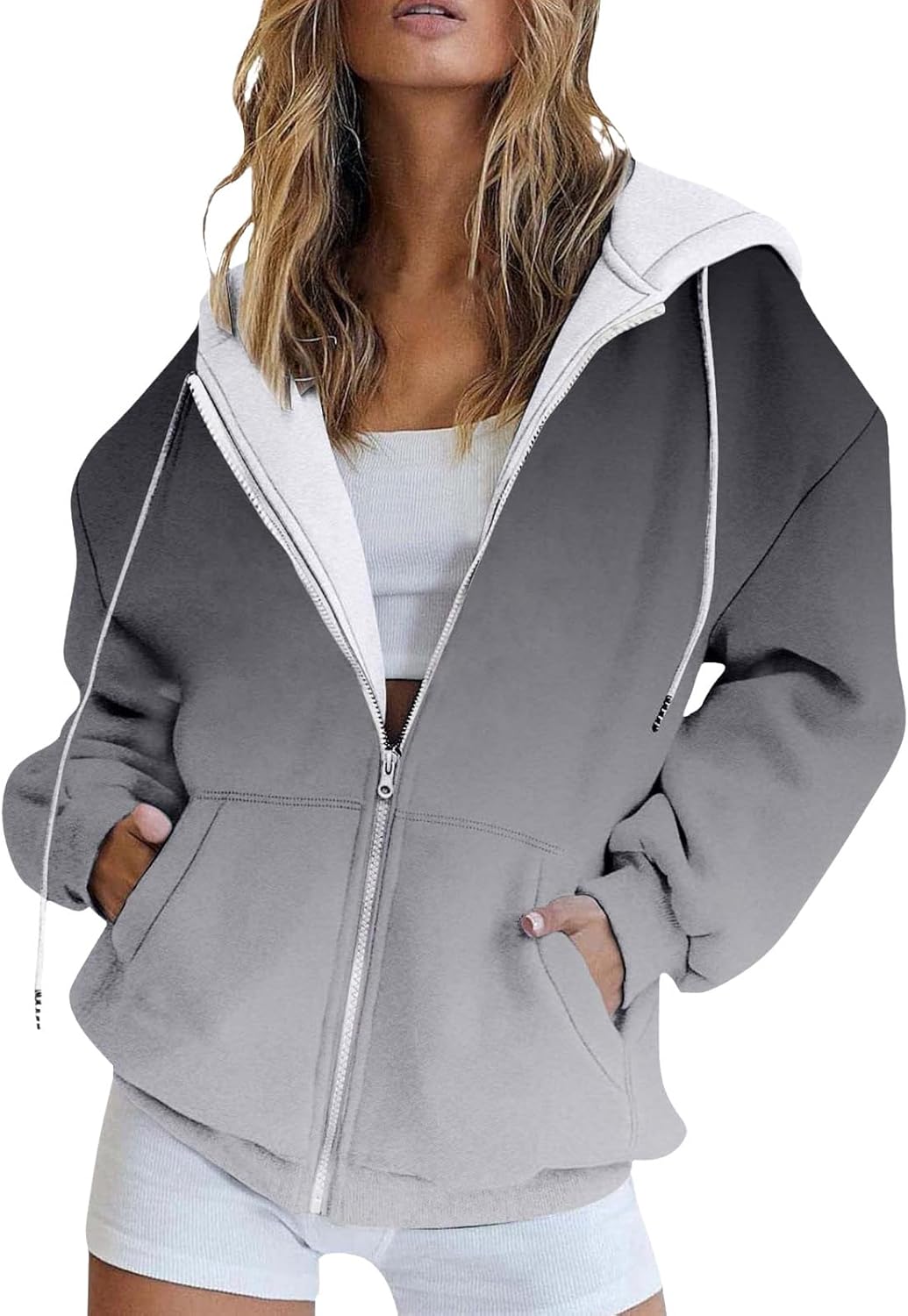 ZOCANIA Womens Zip Up Hoodies Long Sleeve Hooded Sweatshirt Women Solid Color Drawstring Women's Hoodie with Pockets